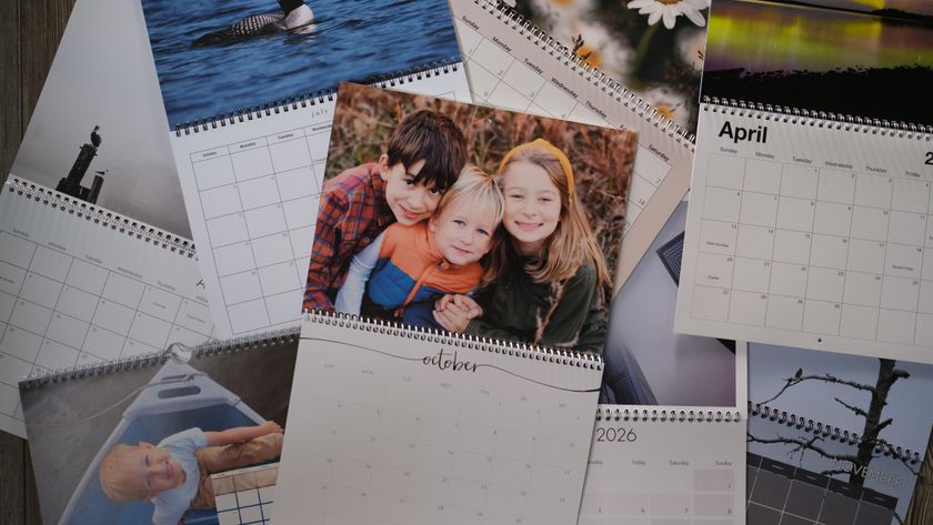 A collection of several custom photo calendars on a wood background 