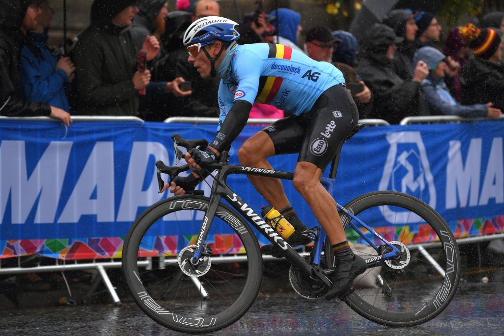 Philippe Gilbert chasing back on to the peloton after crashing