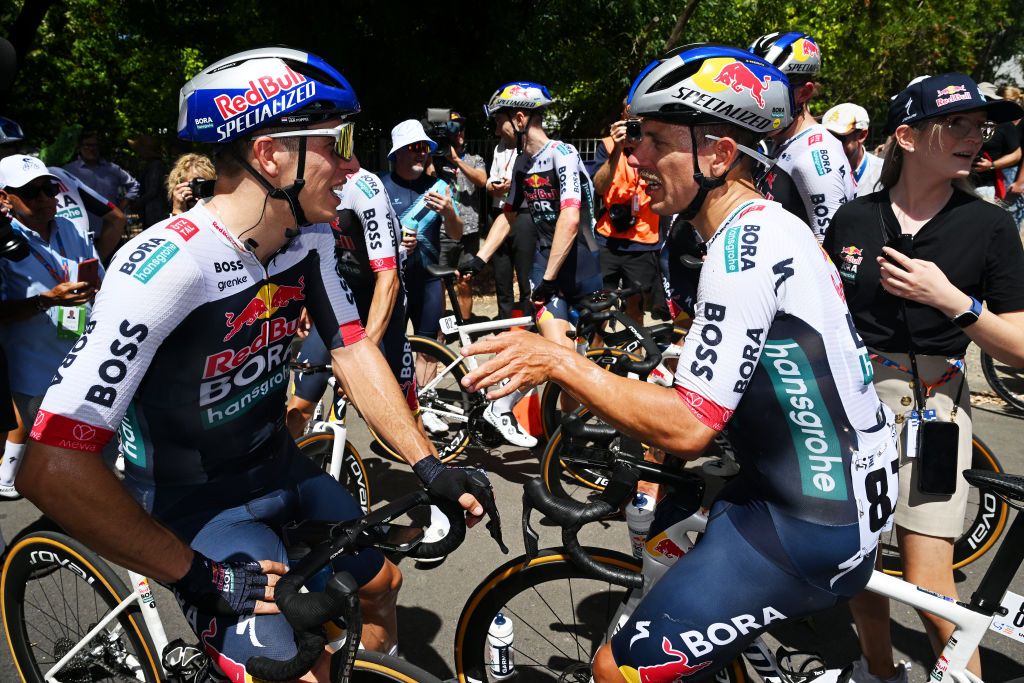 GUMERACHA AUSTRALIA JANUARY 21 Stage winner Sam Welsford of Australia and Team Red Bull BORA hansgrohe R celebrates with his teamate Danny Van Poppel of The Netherlands hansgrohe L after the 25th Santos Tour Down Under 2025 Stage 1 a 1507km stage from Prospect to Gumeracha 342m UCIWT on January 21 2025 in Gumeracha Australia Photo by Dario BelingheriGetty Images