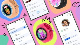 A press graphic showing various "Galaxy Watch for Kids"-themed Galaxy Watch 7 LTEs with bright silicone protective cases and kid-themed watch faces, plus various Samsung Galaxy S Ultra phones with the Google Family Link app controls showing.