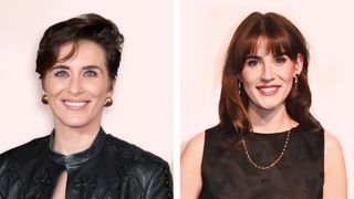 Posed shots of Vicky McClure and Anna Chell both facing the camera, smiling and wearing back, on a neutral peach background.