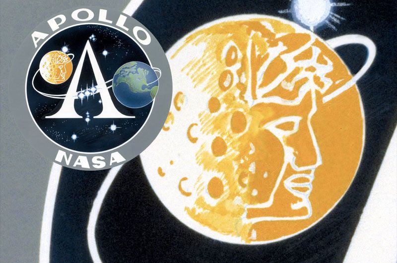 NASA&#039;s Artemis art was inspired by a detail in the Apollo program logo (inset) depicting the Greek god Apollo on the moon.