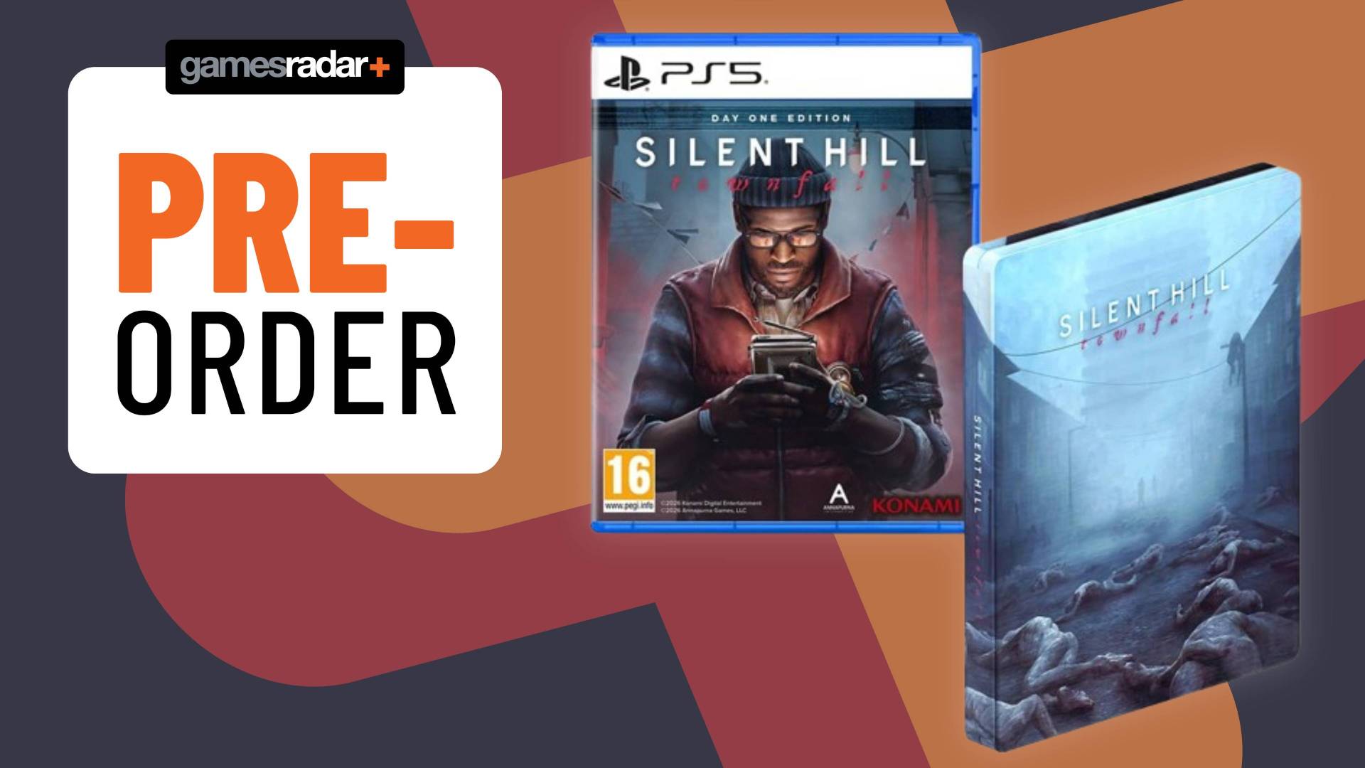 Image of the PS5 Silent Hill Townfall box and its steelbook on a black and orange GamesRadar+ background.