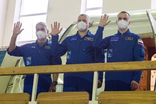 The astronauts making up the Expedition 65 crew all wave together at the Gagarin Cosmonaut Training Center (GCTC) in Star City, Russia. From the left, we see NASA astronaut Mark Vande Hei and Russian cosmonauts Oleg Novitskiy and Pyotr Dubrov. The trio is set to launch to the International Space Station April 9, 2021 from Baikonur Cosmodrome in Kazakhstan.