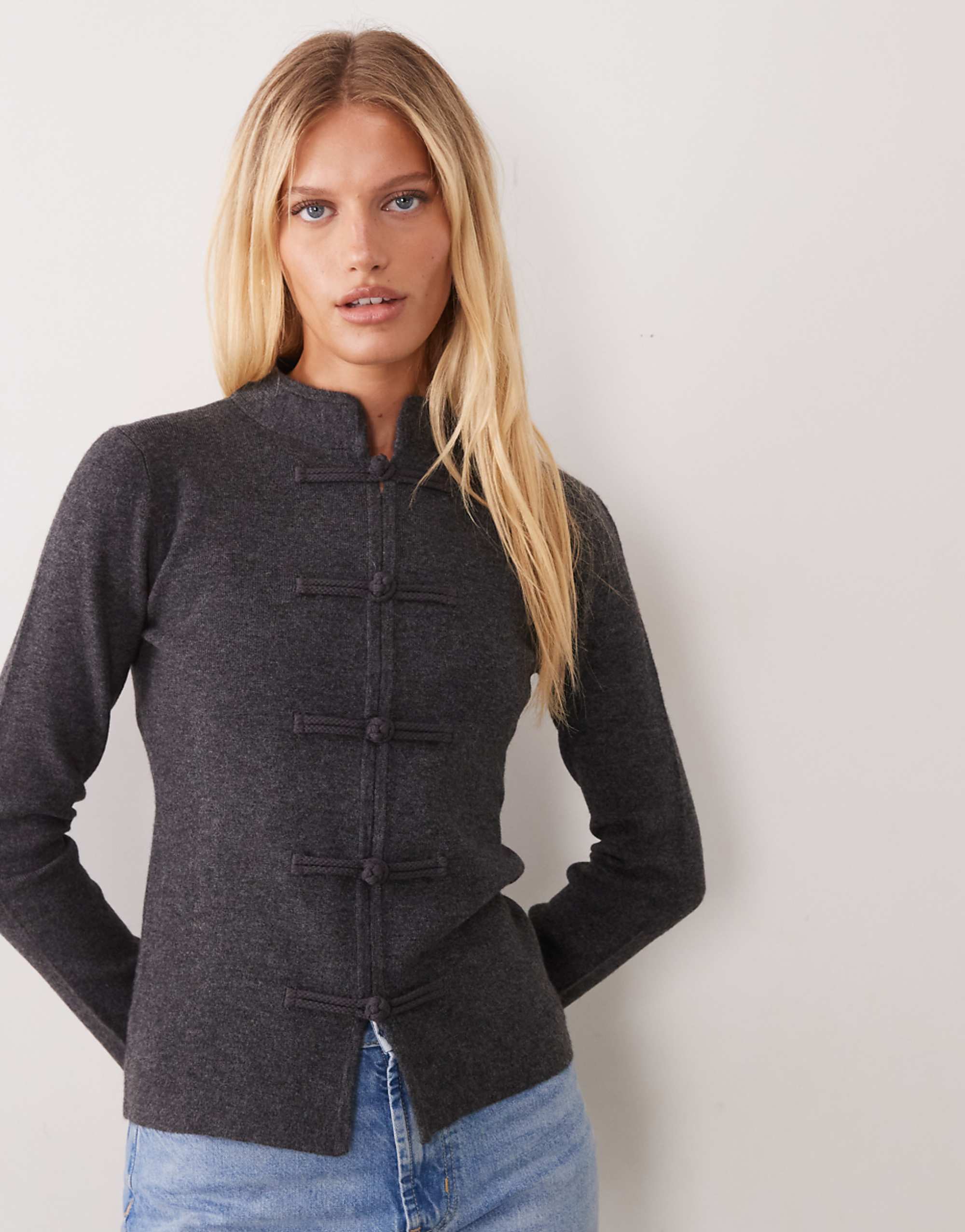 Asos Design Frogging Mandarin Collar Cardigan in Charcoal