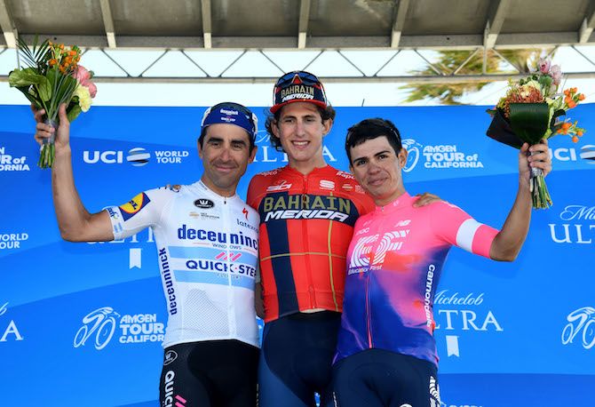 The stage 5 podium: winner Ivan Garcia Cortina (Bahrain-Merida) is flanked by Deceuninck-QuickStep's Max Richeze and Sergio Higuita (EF Education First)