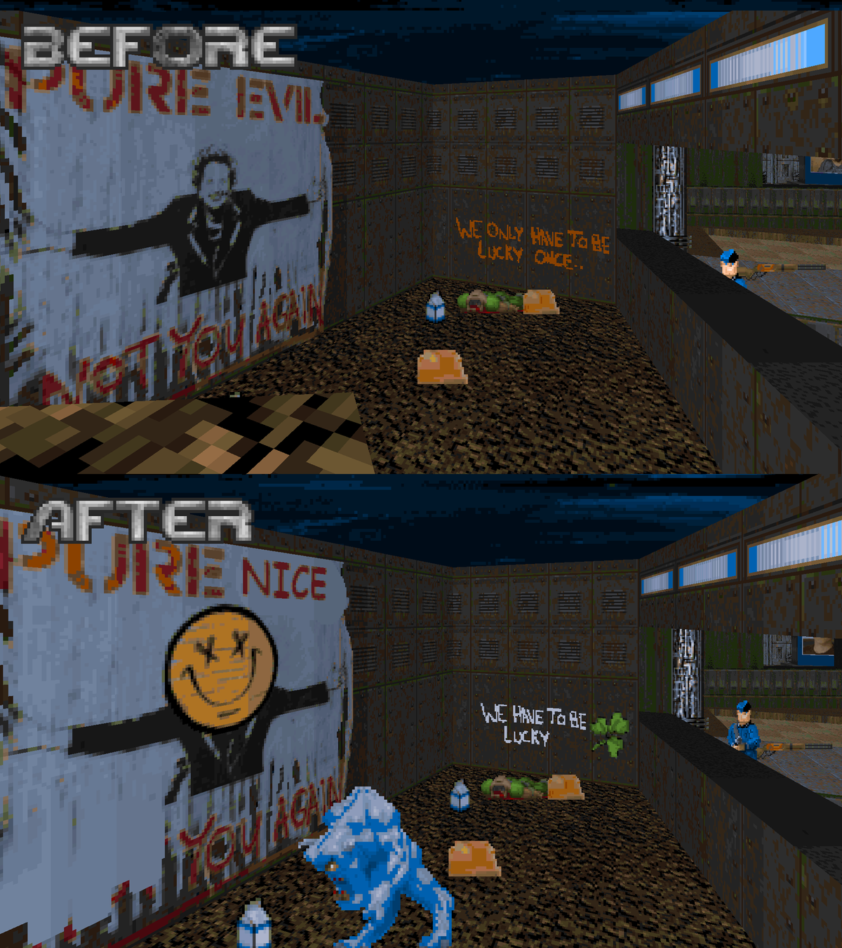 Several screenshots of a Doom Mod, in which Thatcher's political presence has been scrubbed clean.