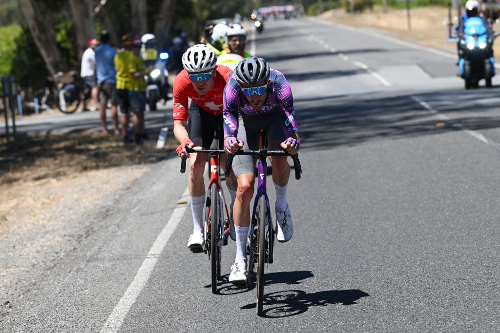 WILLUNGA HILL AUSTRALIA JANUARY 25 LR Mauro Schmid of Switzerland and Chris Harper of Australia and Team JaycoAlula compete in the breakaway during the 25th Santos Tour Down Under 2025 Stage 5 a 1457km stage from McLaren Vale to Willunga Hill 371m UCIWT on January 25 2025 in Willunga Hill Australia Photo by Dario BelingheriGetty Images