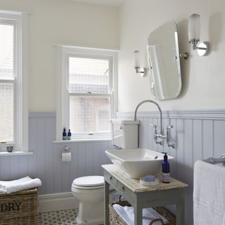 bathroom with white wall and mirror