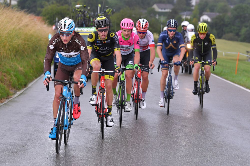 Silvan Dillier and Nans Peters (AG2R), Nathan Brown (EF-Drapac), Christopher Juul-Jensen (Mitchelton-Scott), Mark Christian (Aqua Blue Sport), Paul Ourselin (Direct Energie) formed the day's breakaway at the Tour de Suisse