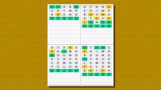 Quordle daily sequence answers for game 598 on a yellow background