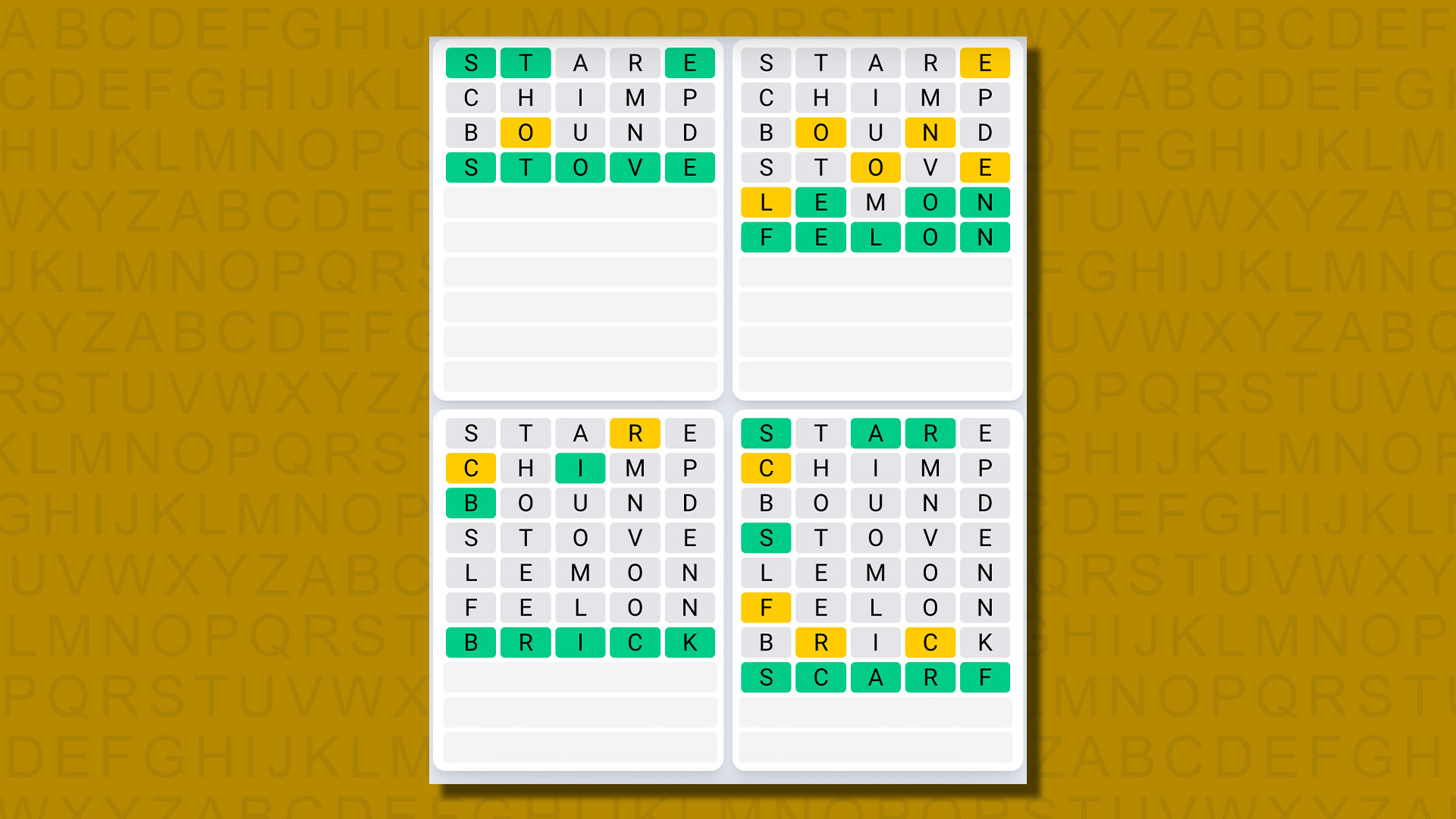 Quordle daily sequence answers for game 598 on a yellow background