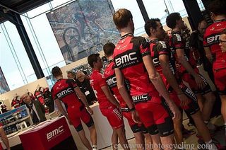 The BMC riders get ready to line up