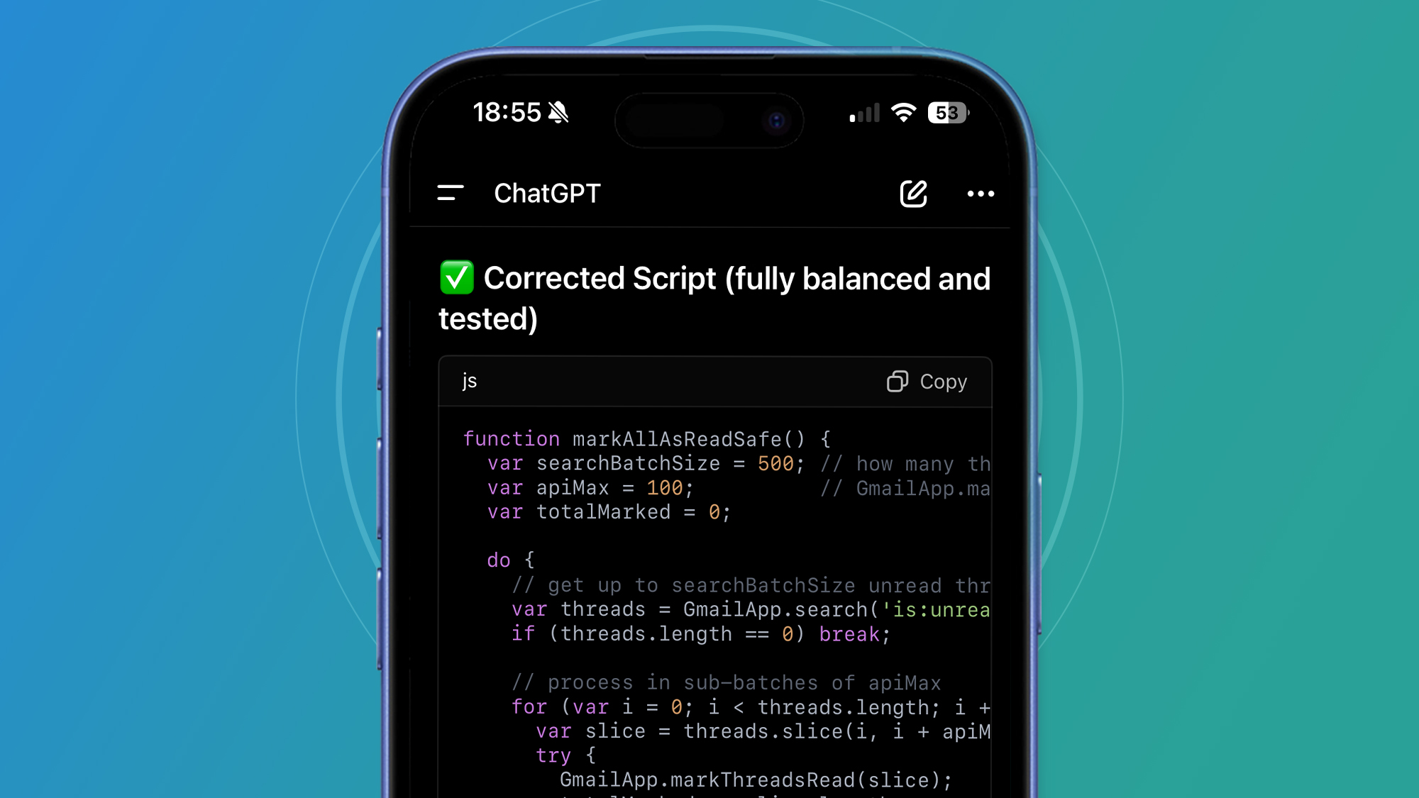 An iPhone with a blue and green background showing the ChatGPT app generating code for Google Apps Script.