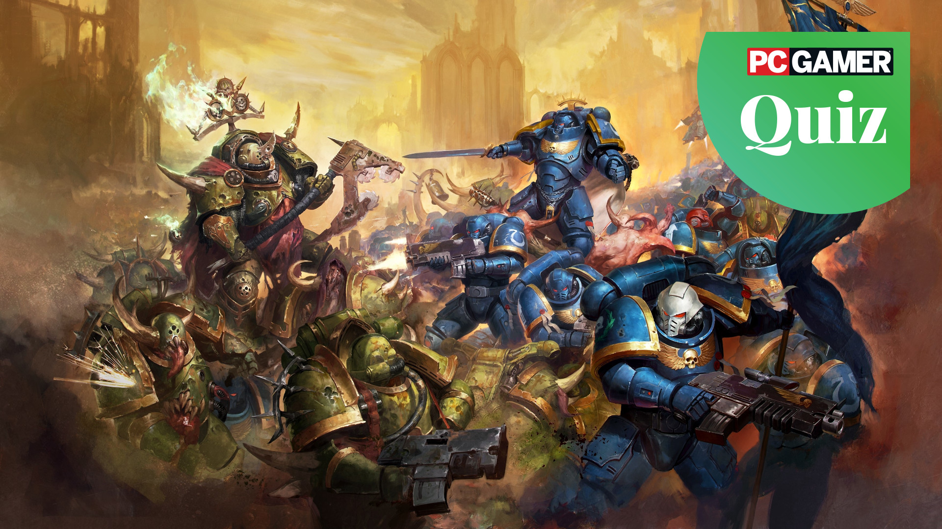 A group of space marines fighting the Death Guard in Warhammer 40,000.