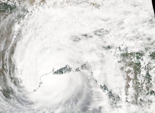 The Suomi NPP satellite provided this visible-light image of Typhoon Amphan headed toward landfall near the border of eastern India and Bangladesh on May 20, 2020.