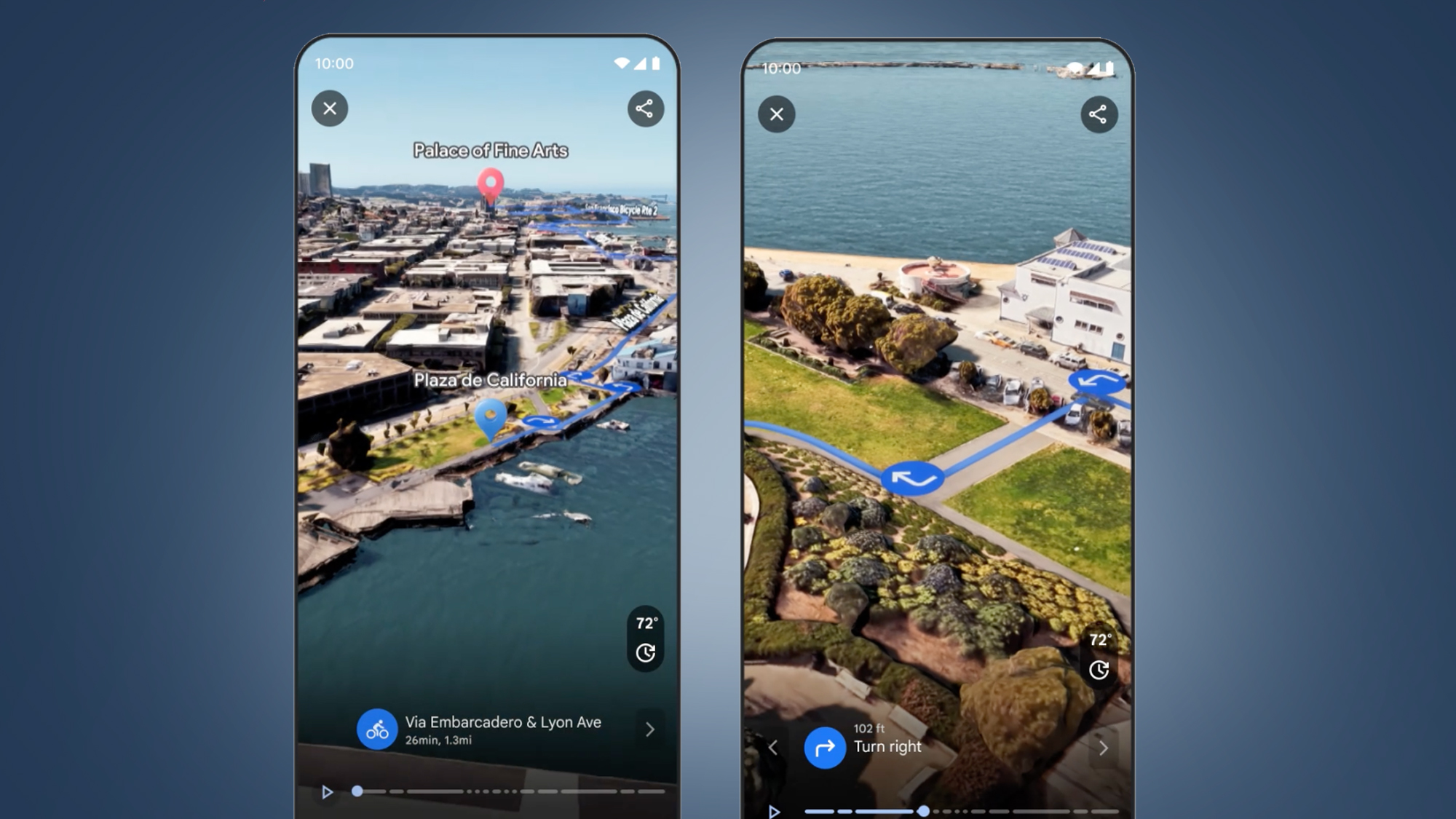 Два экрана телефона включены синий фон с эффектом погружения в Карты Google