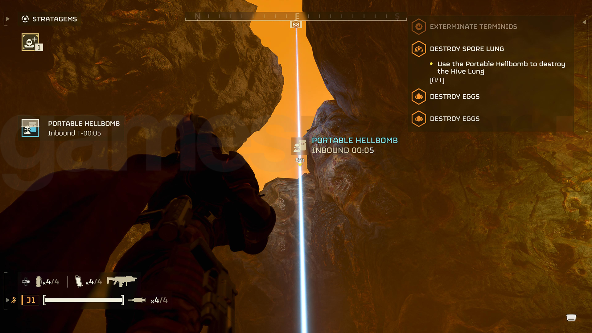 A player calls in a Portable Hellbomb Stratagem in Helldivers 2