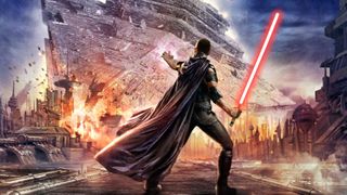 Starkiller from The Force Unleashed against a falling Star Destroyer
