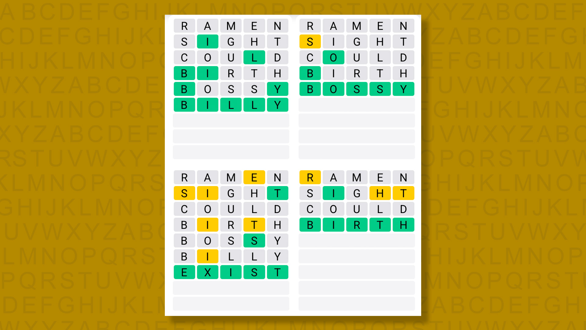 Quordle answers for game 1450 on a yellow background
