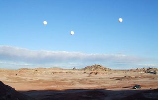 Tethered balloons help test concepts for a space elevator at the Mars Desert Research Station in southern Utah in 2006.