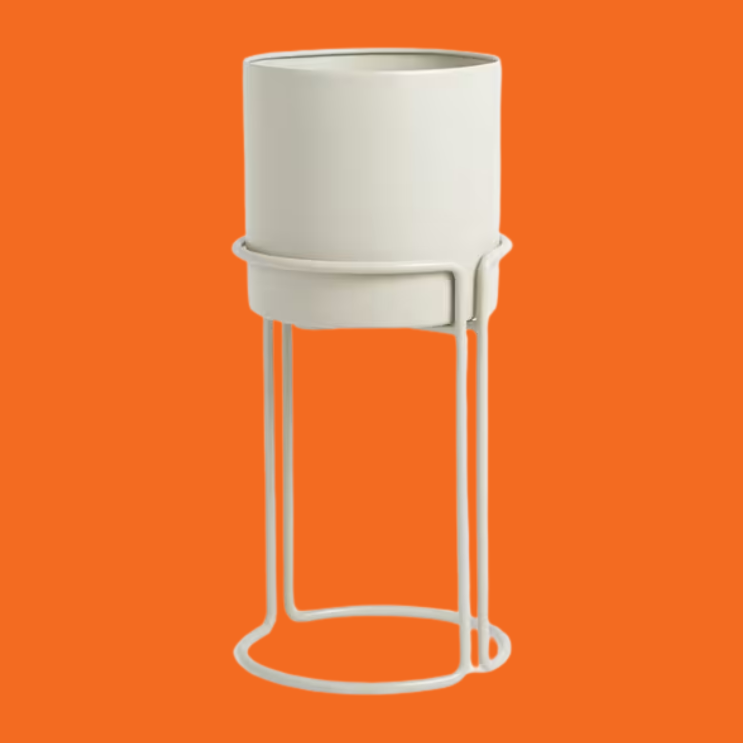 A white planter with a wire stand