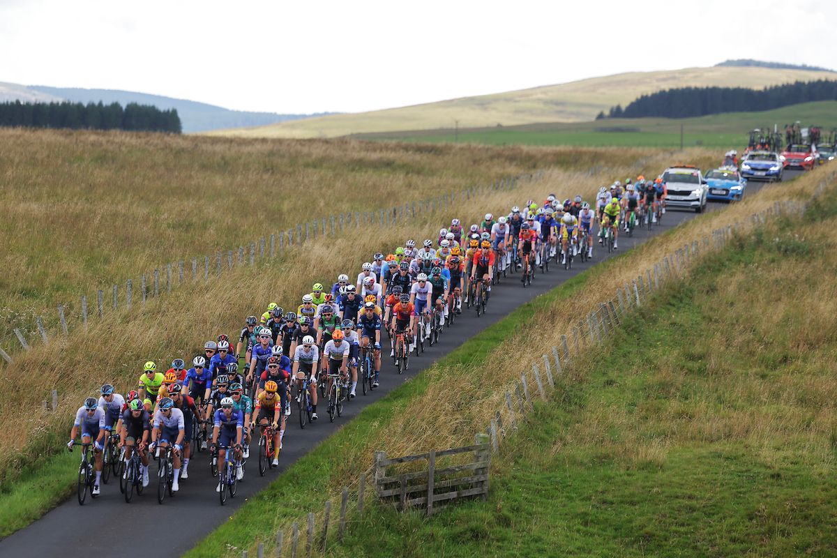 Picture by Alex WhiteheadSWpixcom 05092022 Cycling 2022 AJ Bell Tour of Britain Stage 2 Hawick to Duns Scotland The Peloton rolling through the Scottish countryside