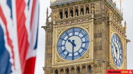 The Houses of Parliament with a British flag flying close by ahead of general election 2024