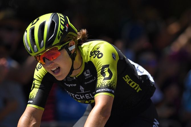 Grace Brown (Mitchelton-Scott) crosses the line as the winner of stage 3 in Stirling