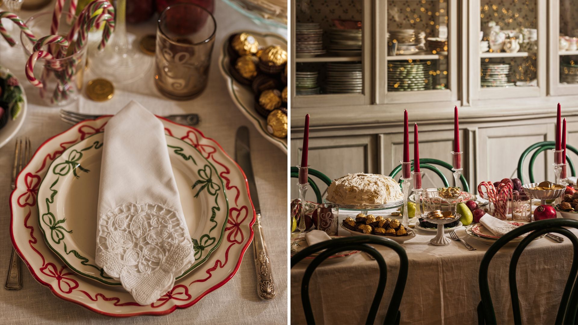 place setting with red and white bow plates and embroidered napkin (left); and festive table decorated with red candles, a cake, fruit and nutes