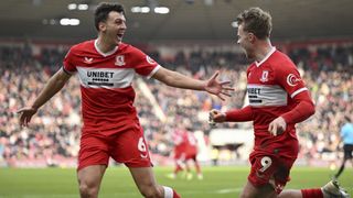 Tommy Conway of Middlesbrough celebrates scoring his team's fourth goal in the Sky Bet Championship match between Middlesbrough and Preston North End at the Riverside Stadium in Middlesbrough, England, on January 24, 2026. (Photo by Trevor Wilkinson/MI News/NurPhoto via Getty Images)