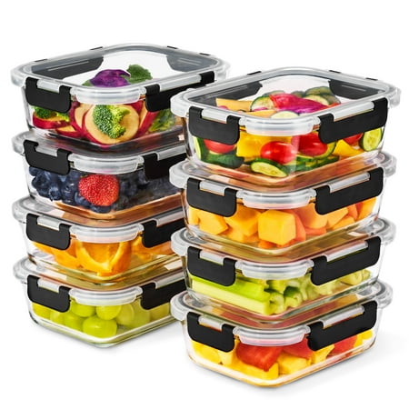 Sorbus Rectangular Glass Meal Prep Containers Set of 8 With Airtight Lids (16pcs)