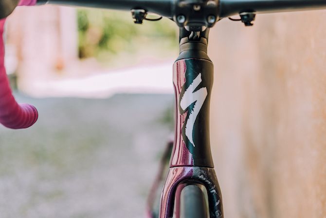 The headtube of Bora-Hansgrohe rider Pascal Ackermann's custom-painted Specialized Venge perfectly shows off the bike's split design