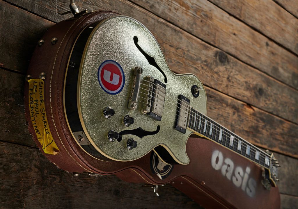 A 1997 Gibson Les Paul Florentine electric guitar with a Silver Sparkle finish previously owned by Oasis guitarist Noel Gallagher, taken on November 15, 2019