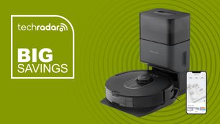 Roborock Q5 Max Plus on green background with TechRadar big savings sign