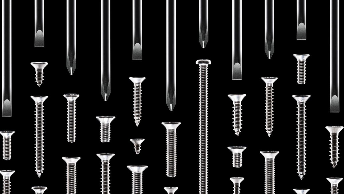 Different types of screwdriver heads and screws on black background