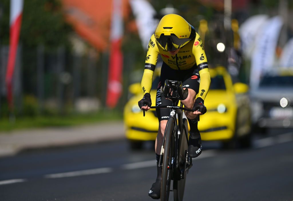 KARPACZ POLAND AUGUST 13 Jonas Vingegaard Hansen of Denmark and Team Team Visma Lease a Bike sprints during the 81st Tour de Pologne Stage 2 a 154km individual time trial stage from Mysakowice to Karpacz UCIWT on August 13 2024 in Karpacz Poland Photo by Luc ClaessenGetty Images