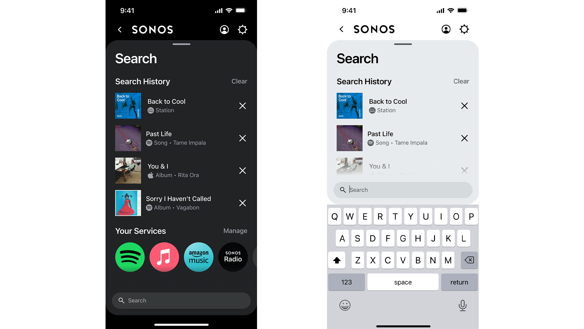 The новый экран поиска Sonos, показывающий предыдущие результаты, а новый экран поиска показывает живые результаты текущего поиска