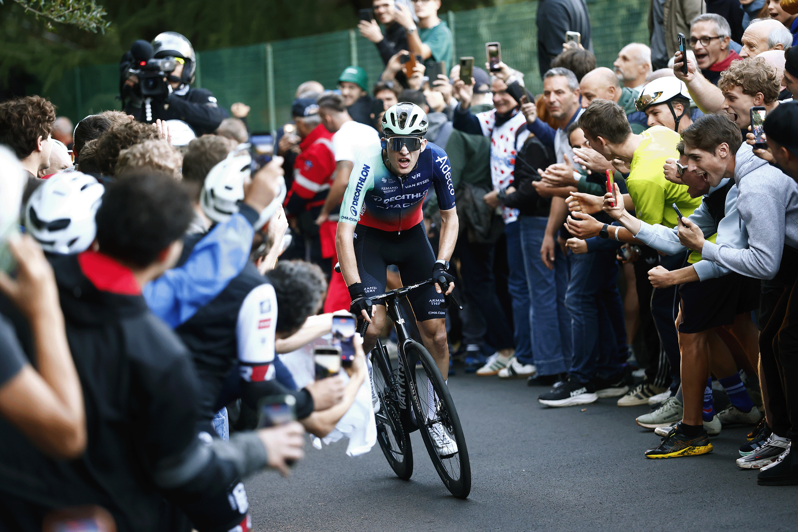 Paul Seixas of France and Team Decathlon CMA CGM competes in the breakaway during the 120th Il Lombardia 2026 a 239km one day race from Bergamo to Como / #UCIWT / on October 10, 2026 in Como, Italy. (Photo by Luca Bettini - Pool/Getty Images)