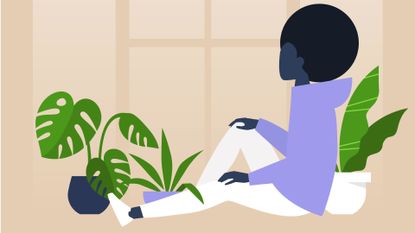 Illustration of woman sitting by window with plants