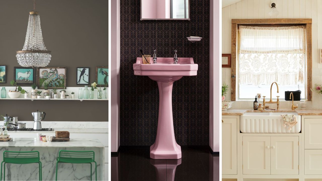 Trio of images L-R: taupe kitchen walls, white marble with gray veins on counter, island, open shelving with mint green framed prints and crystal chandelier. Art deco feature black and gold wallpaper with bright pink classic since. Wood cream paneled kitchen walls with lace curtain window and fluted butler sink under mounted on shaker cabinets with brass fixtures and orange-red marble counters