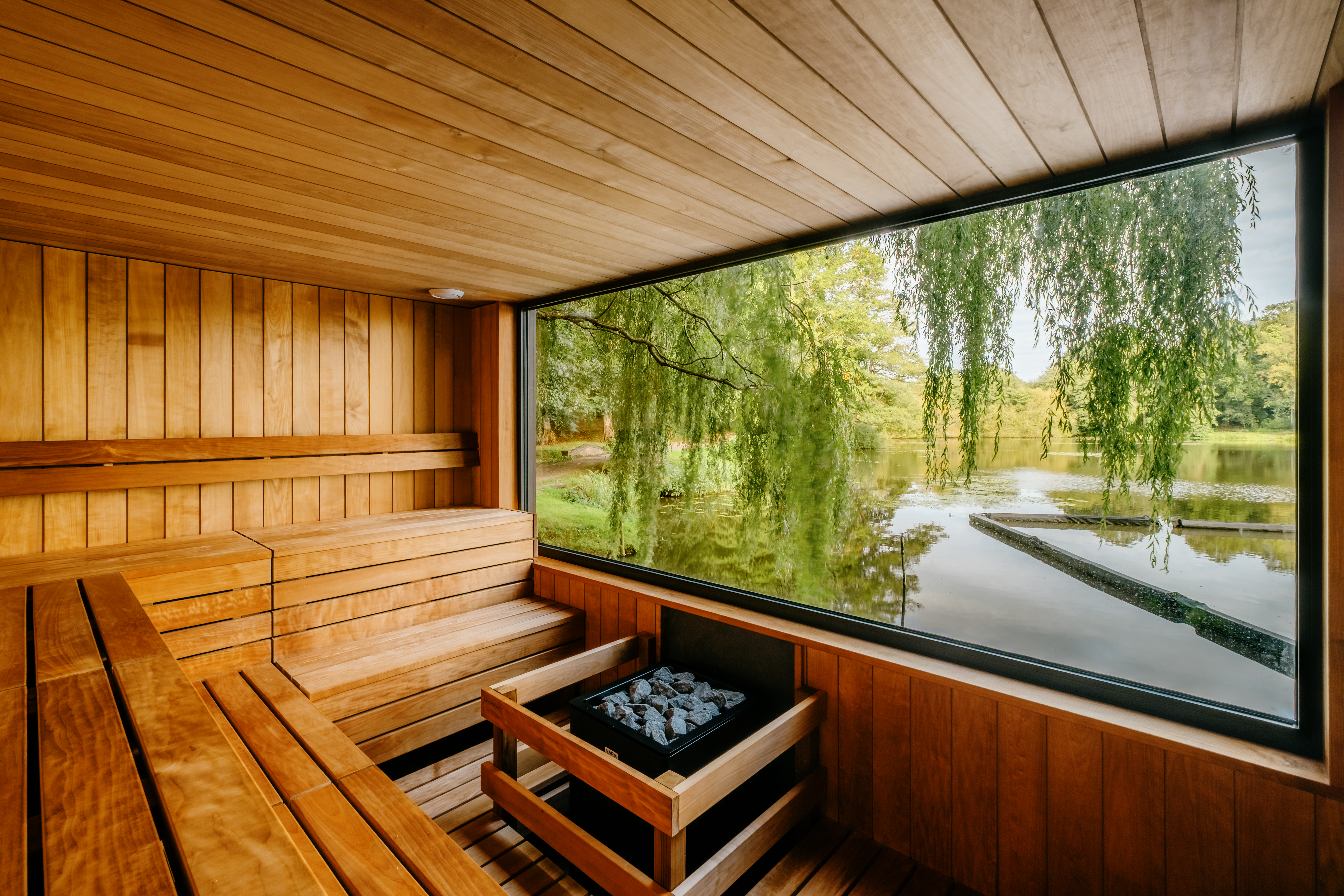 Sauna interior overlooking a lake