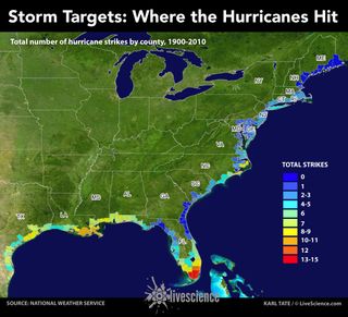 Map from the National Weather Service shows counties hardest hit by hurricanes from the years 1900 to 2010.