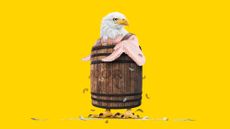 Illustration of a bald eagle, plucked and wearing a bankruptcy barrel