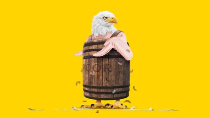 Illustration of a bald eagle, plucked and wearing a bankruptcy barrel