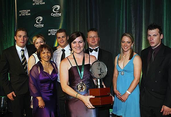 Anna Meares asked her entire team to join her to collect the Sir Hubert Opperman trophy.