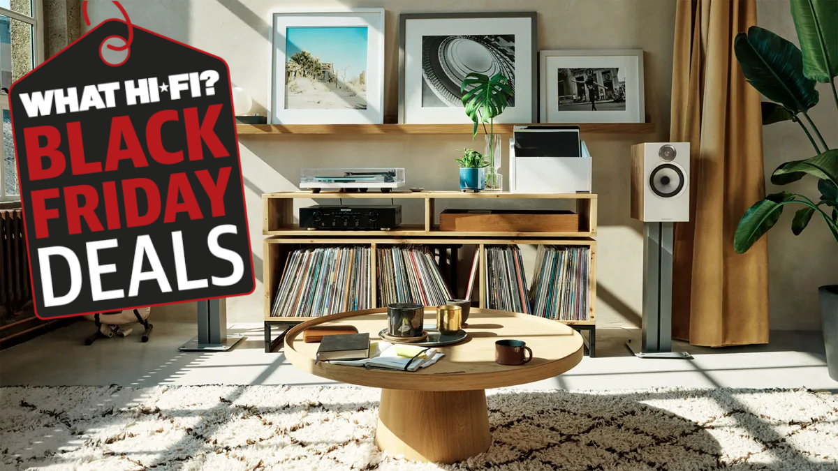 Living room hi-fi system with Black Friday graphic