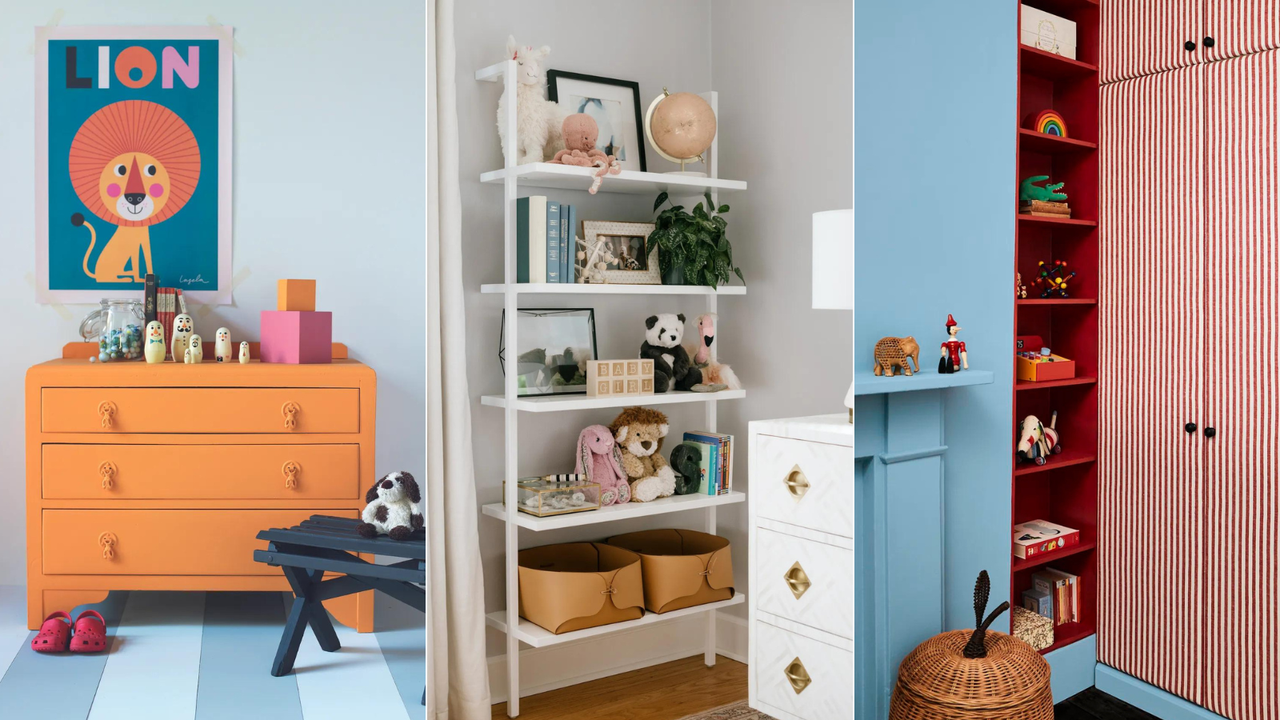 Three images featuring colorful children&#039;s rooms with organized toys