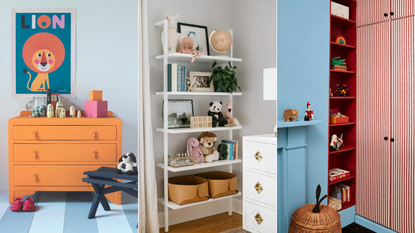 Three images featuring colorful children's rooms with organized toys
