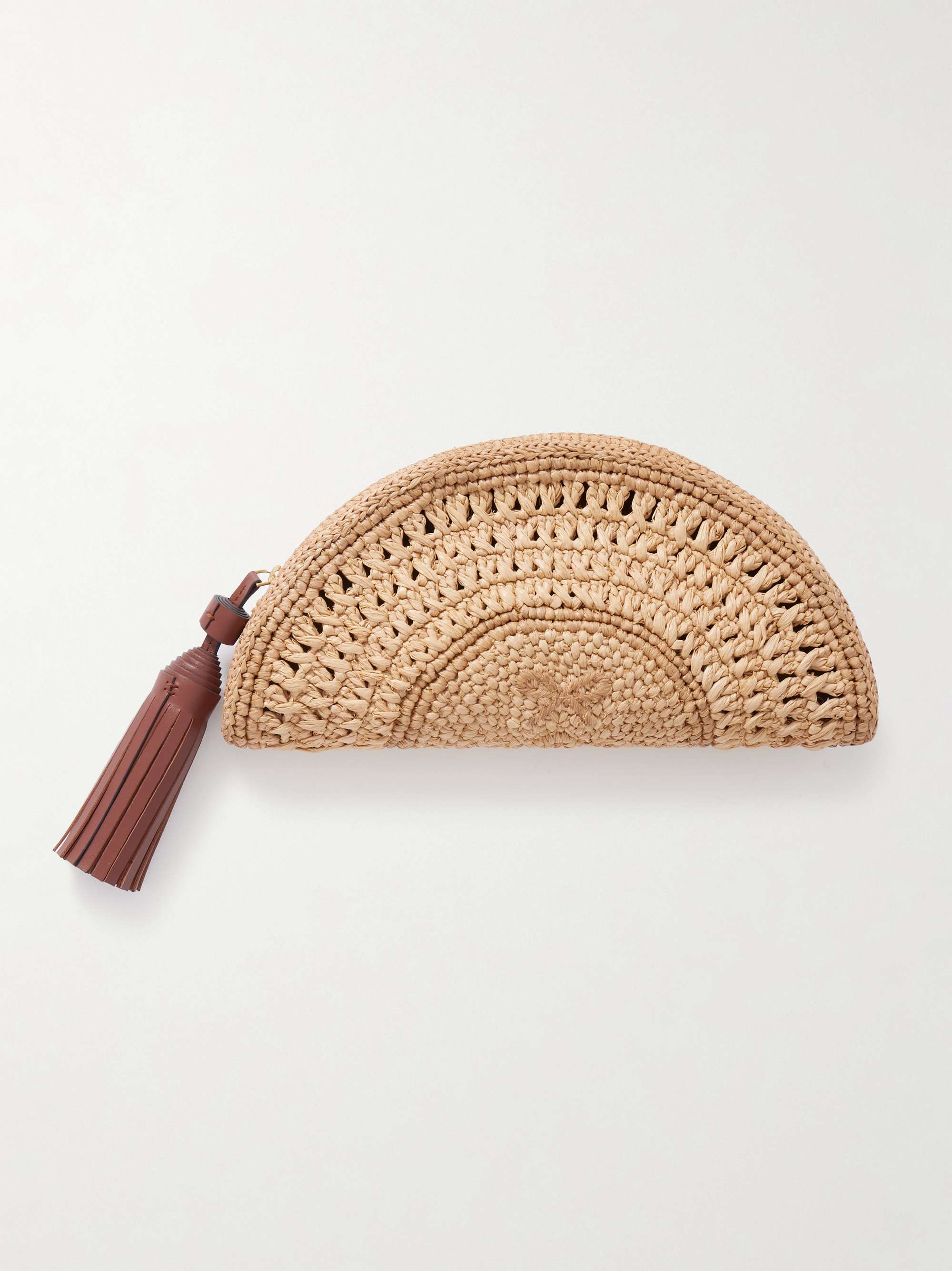 Half Moon Bow Tasseled Leather-Trimmed Raffia Clutch